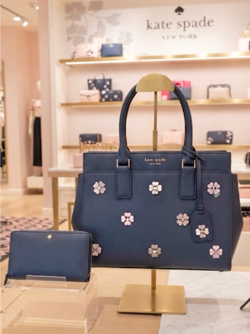 Kate Spade Cameron Spade Flower Applique Medium Satchel + wallet (navy) - EUC